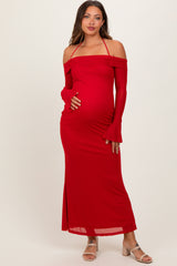 Red Halter Off Shoulder Mesh Maternity Maxi Dress