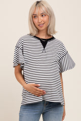 Black Striped Ribbed Relaxed Short Sleeve Maternity Top