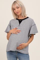 Black Striped Ribbed Relaxed Short Sleeve Maternity Top