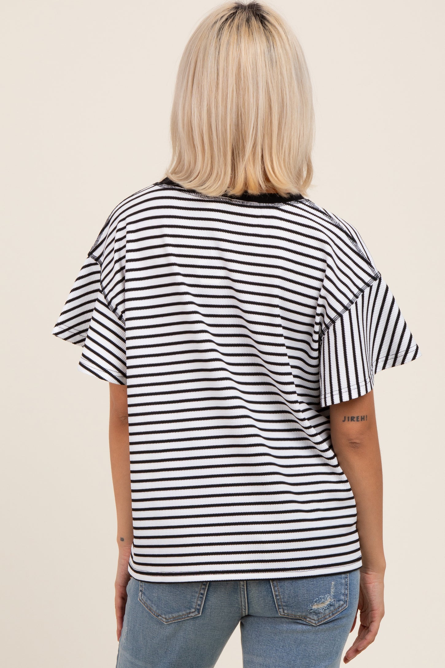 Black Striped Ribbed Relaxed Short Sleeve Maternity Top