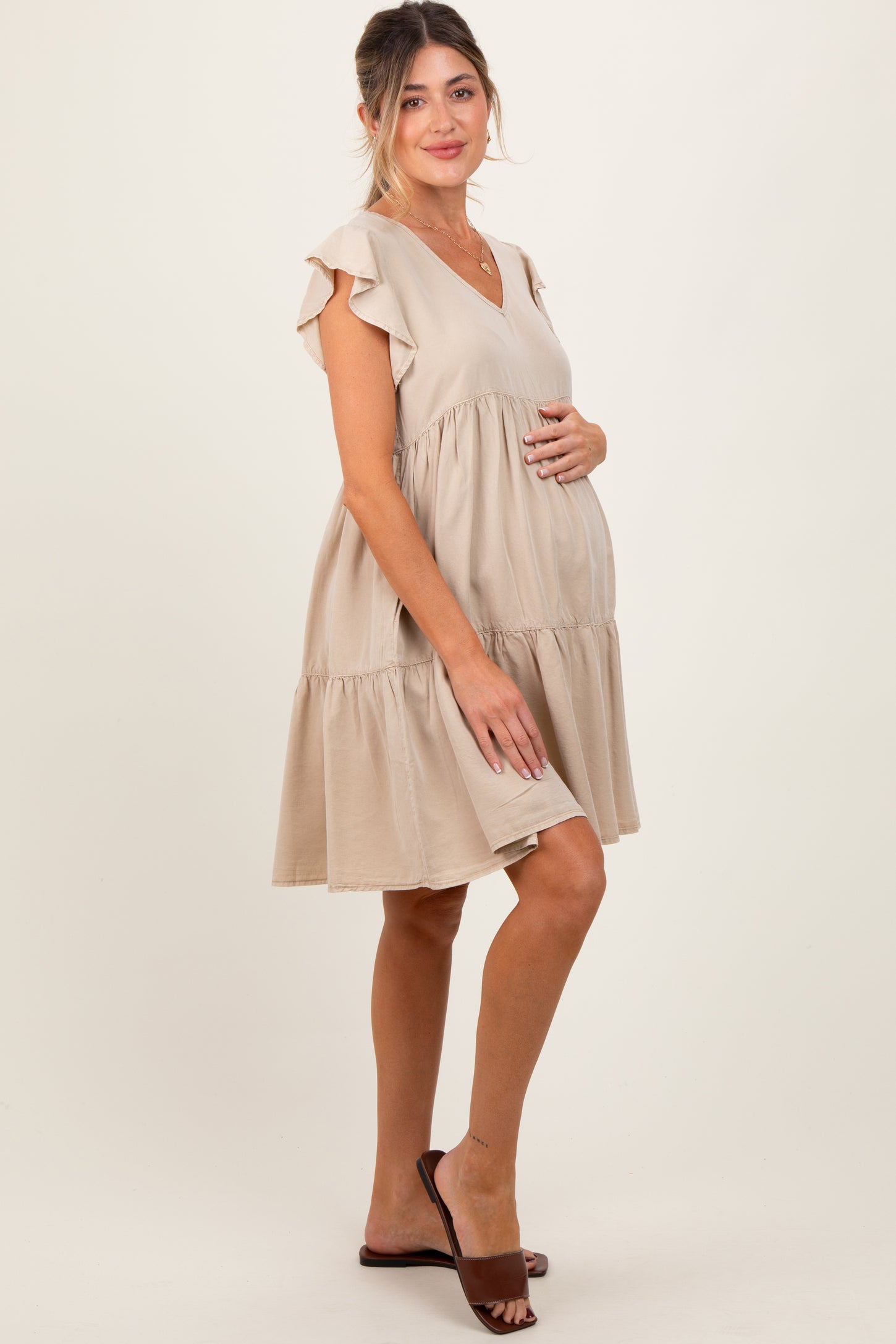 Beige Flutter Sleeve Tiered Maternity Dress