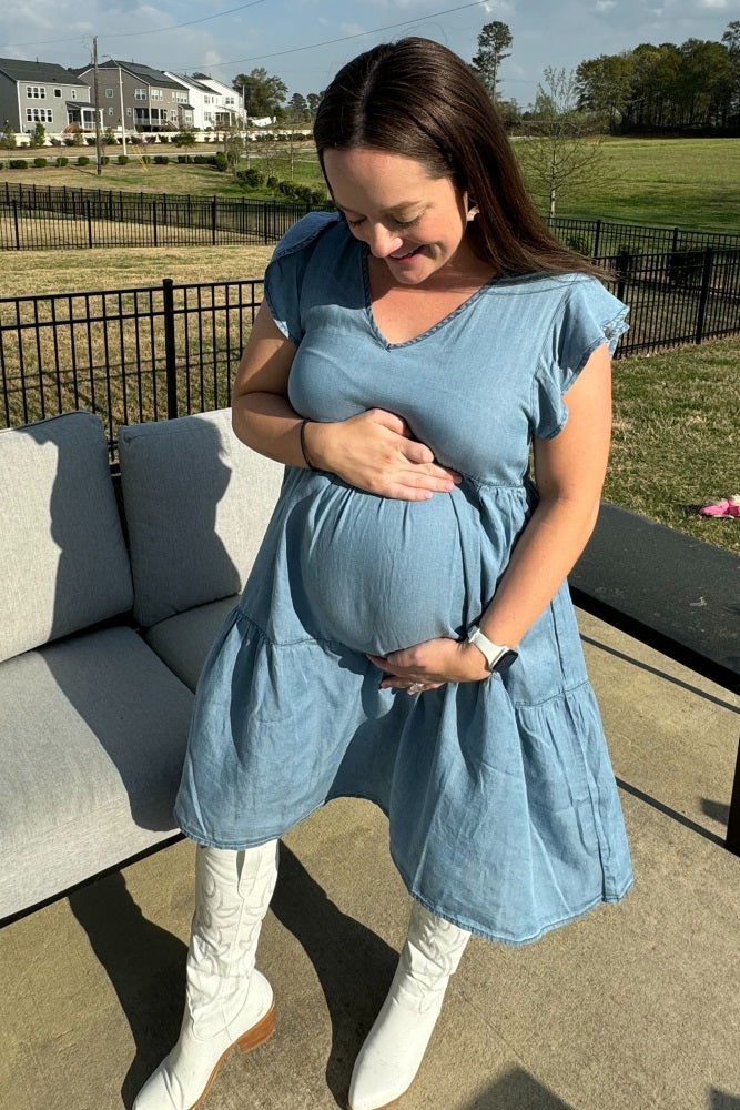 Blue Flutter Sleeve Tiered Maternity Dress
