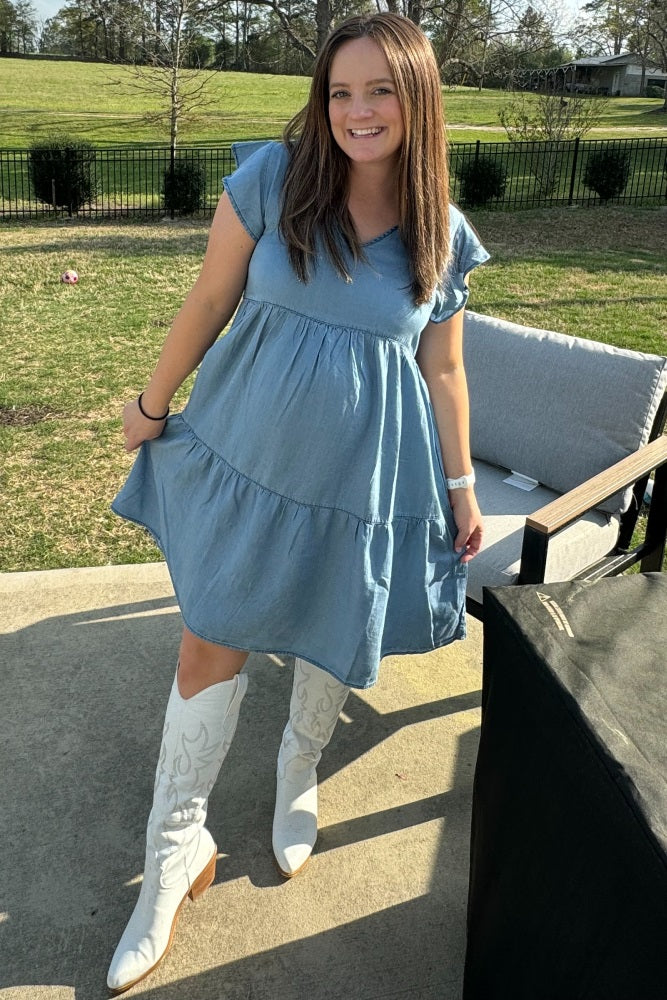 Blue Flutter Sleeve Tiered Maternity Dress