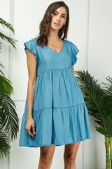 Blue Flutter Sleeve Tiered Dress