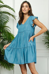 Blue Flutter Sleeve Tiered Dress