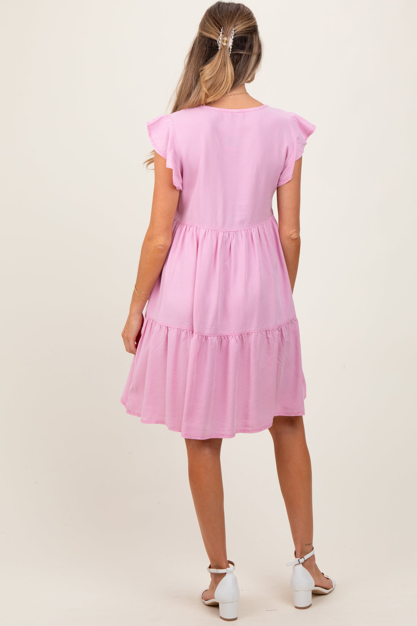 Light Pink Flutter Sleeve Tiered Maternity Dress