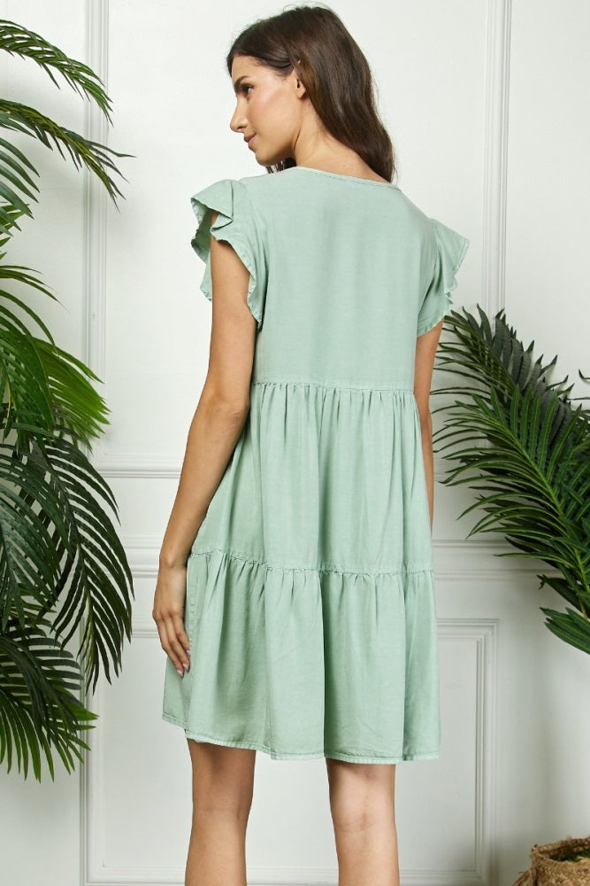 Light Olive Flutter Sleeve Tiered Dress