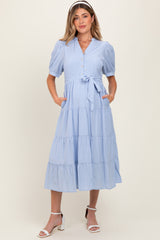 Light Blue Striped Button Up Tiered Maternity Maxi Dress