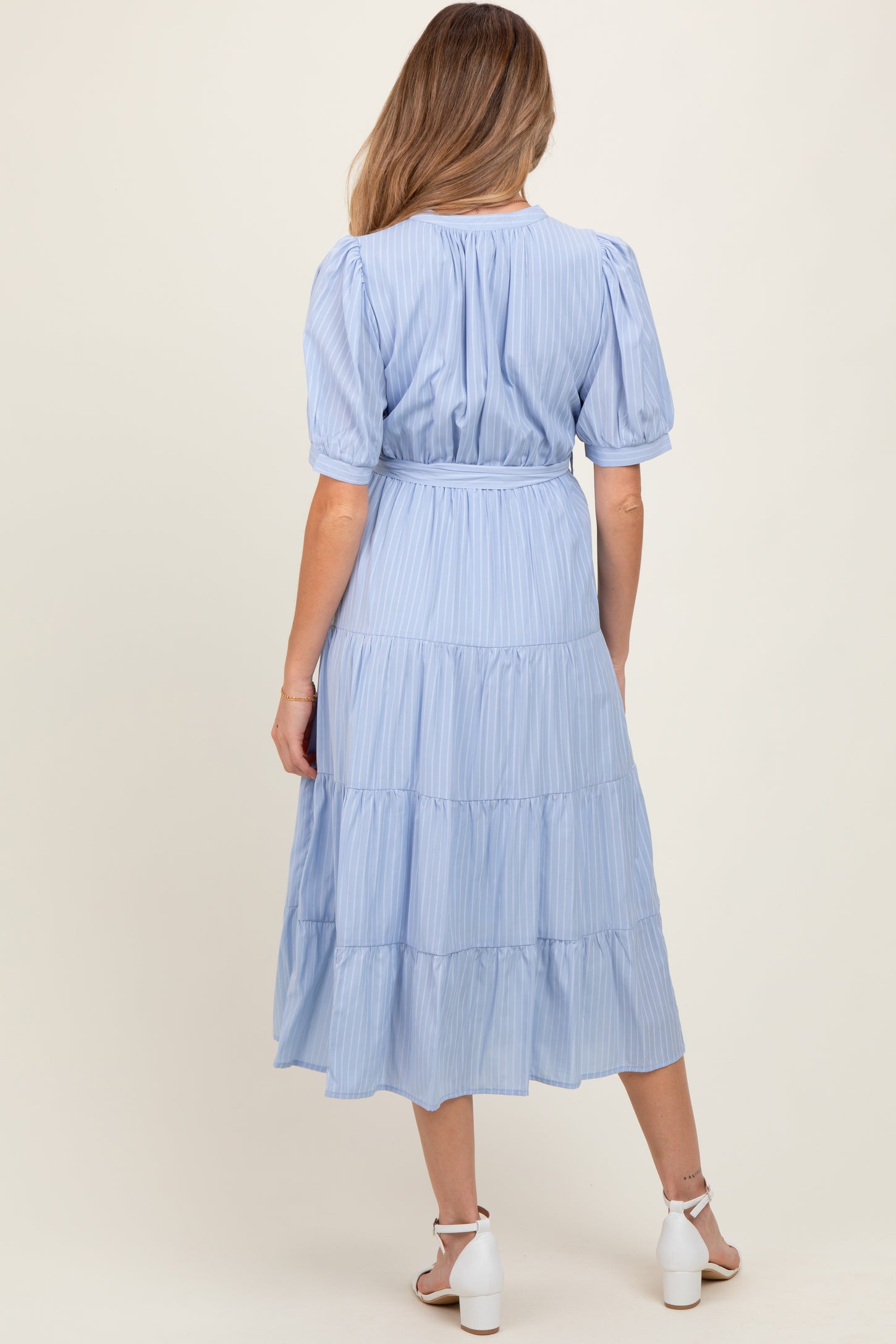 Light Blue Striped Button Up Tiered Maternity Maxi Dress