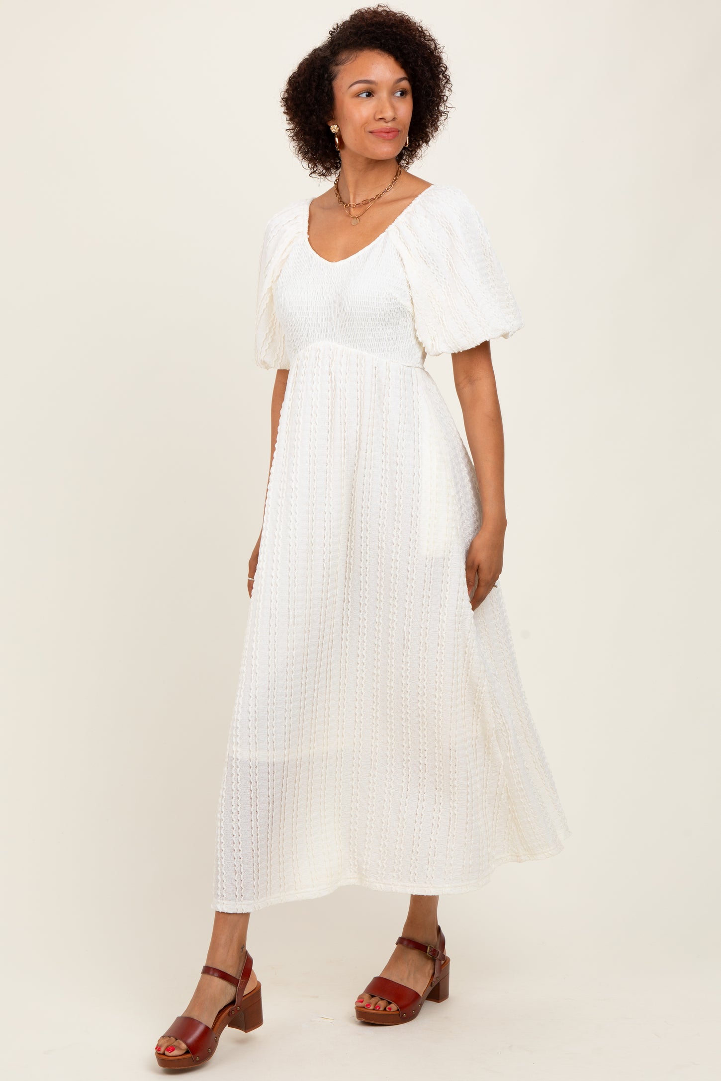 Cream Smocked V-Neck Short Puff Sleeve Textured Midi Dress PinkBlush Cream Smocked V-Neck Short Puff Sleeve Textured Midi Dress PinkBlush