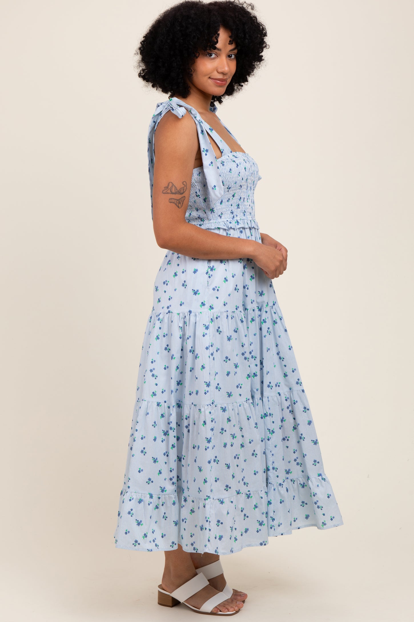 Light Blue Floral Striped Smocked Shoulder Tie Maxi Dress