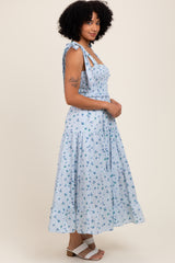 Light Blue Floral Striped Smocked Shoulder Tie Maxi Dress