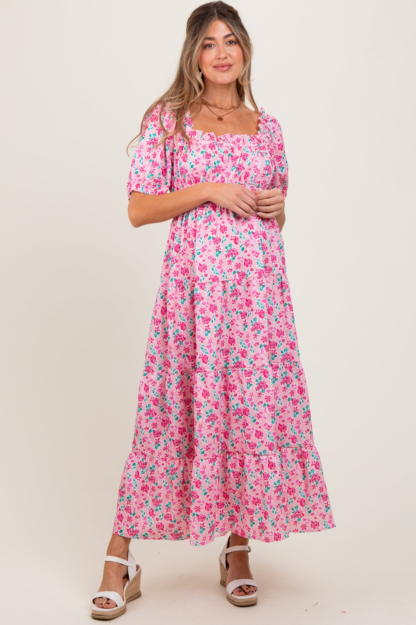 Pink Rose Print Ruffle Trim Puff Sleeve Maternity Maxi Dress