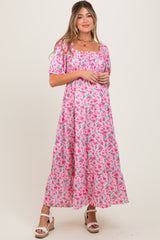 Pink Rose Print Ruffle Trim Puff Sleeve Maternity Maxi Dress