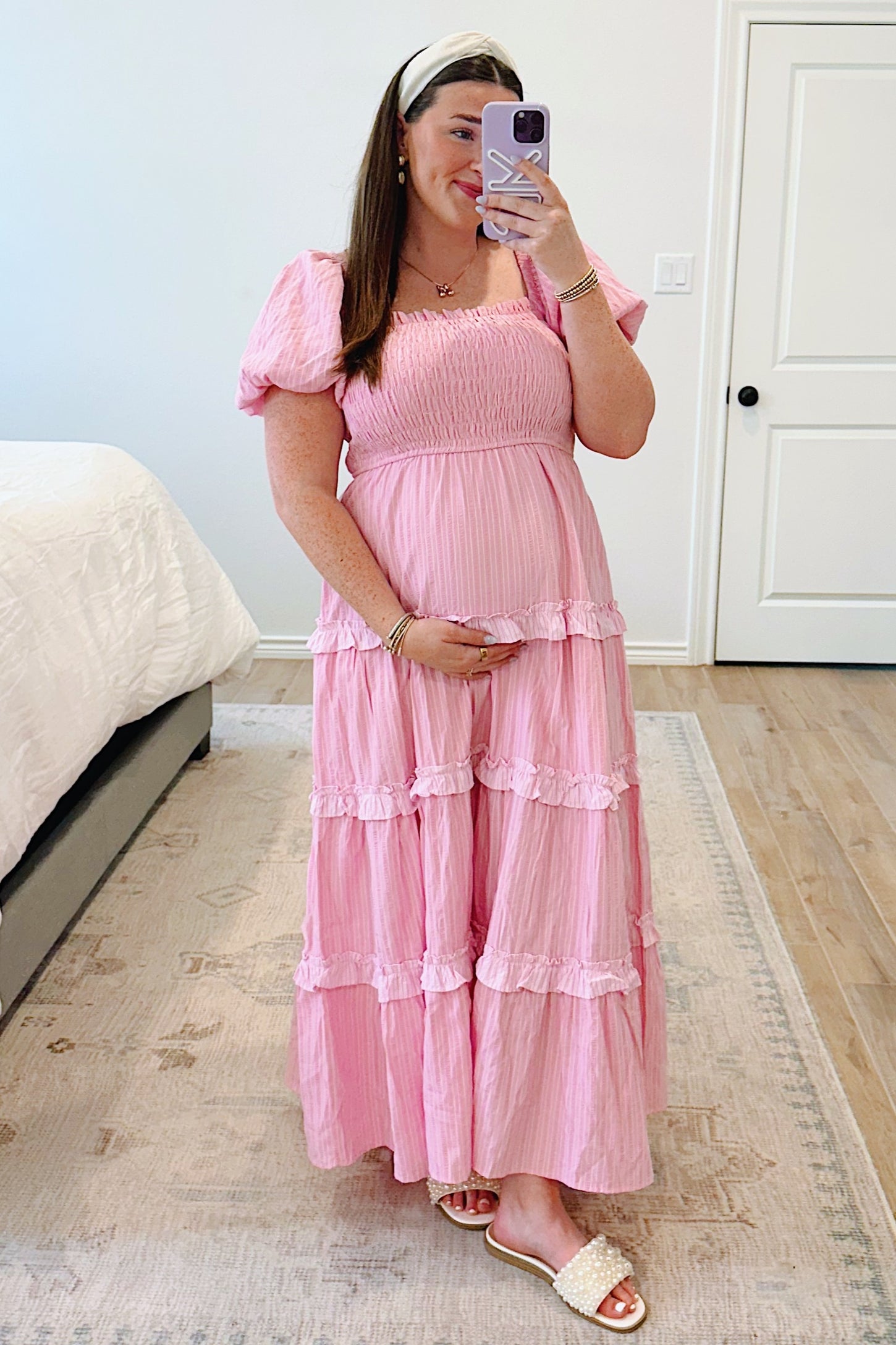 Pink Smocked Ruffle Tiered Puff Sleeve Maternity Maxi Dress – PinkBlush