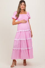 Pink Smocked Ruffle Tiered Puff Sleeve Maternity Maxi Dress