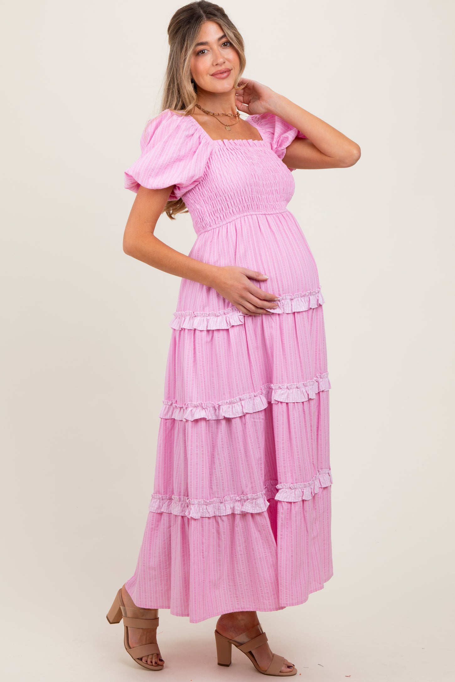 Pink Smocked Ruffle Tiered Puff Sleeve Maternity Maxi Dress – PinkBlush
