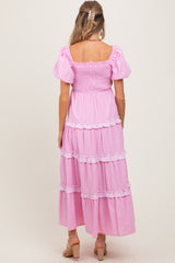Pink Smocked Ruffle Tiered Puff Sleeve Maternity Maxi Dress