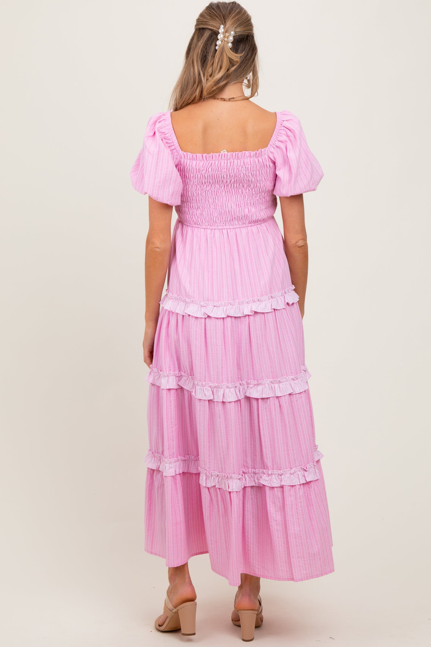 Pink Smocked Ruffle Tiered Puff Sleeve Maternity Maxi Dress – PinkBlush