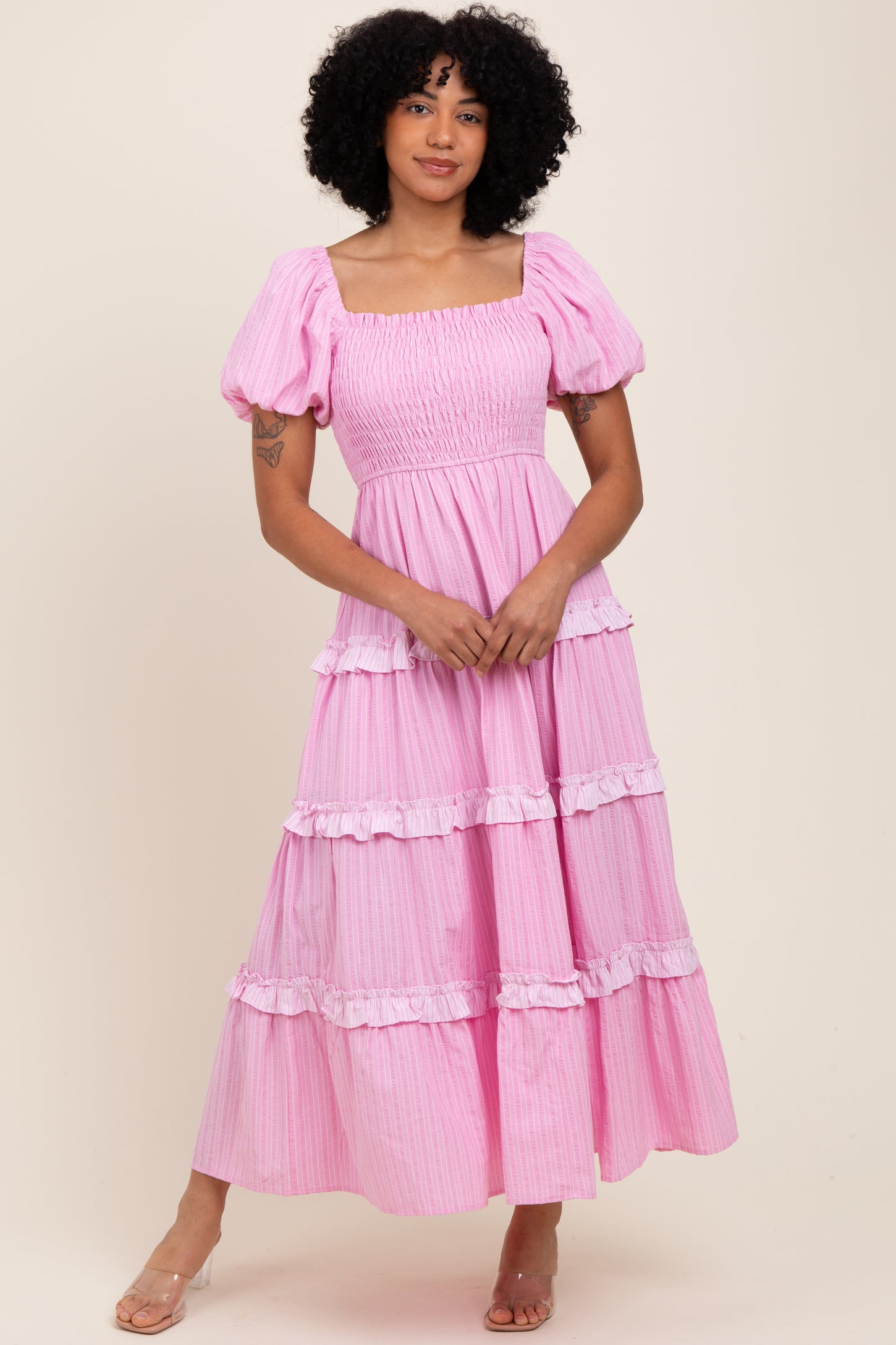 Pink Smocked Ruffle Tiered Puff Sleeve Maxi Dress