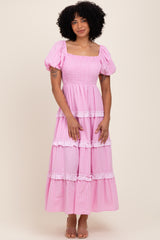 Pink Smocked Ruffle Tiered Puff Sleeve Maxi Dress