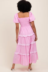 Pink Smocked Ruffle Tiered Puff Sleeve Maxi Dress
