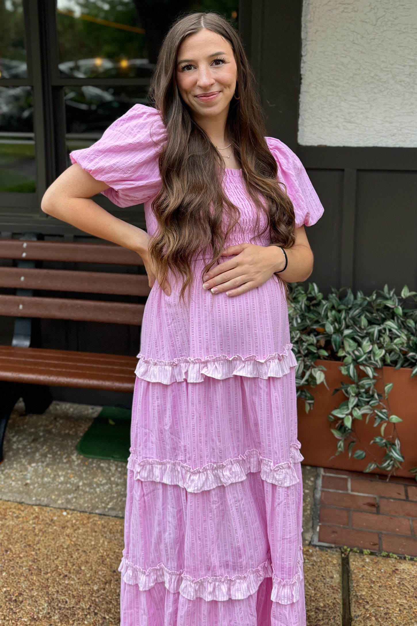 Pink Smocked Ruffle Tiered Puff Sleeve Maternity Maxi Dress – PinkBlush