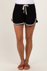Black Linen Blend Crochet Trim Drawstring Maternity Shorts