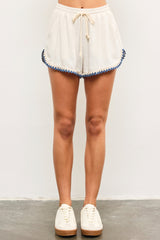 Cream Linen Blend Crochet Trim Drawstring Shorts