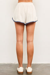 Cream Linen Blend Crochet Trim Drawstring Shorts