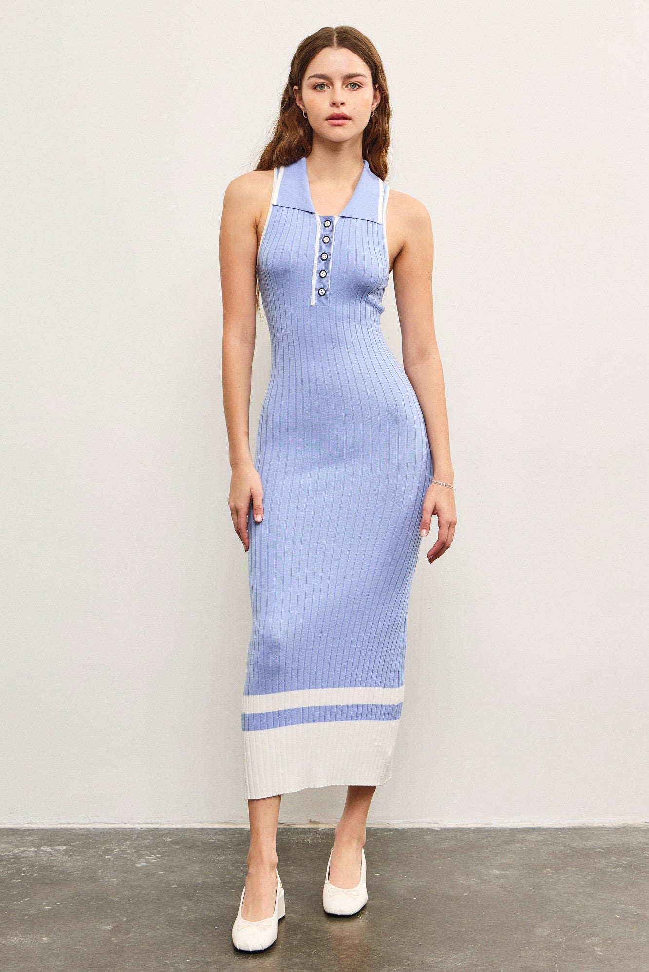 Periwinkle Knit Colorblock Stripe Sleeveless Polo Dress