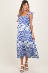 Light Navy Embroidered Smocked Cutout Maternity Midi Dress