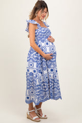 Light Navy Embroidered Smocked Cutout Maternity Midi Dress