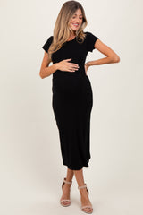Black Basic Crewneck Maternity Midi Dress