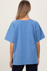 Blue Oversized V-Neck Side Slit Maternity Tee