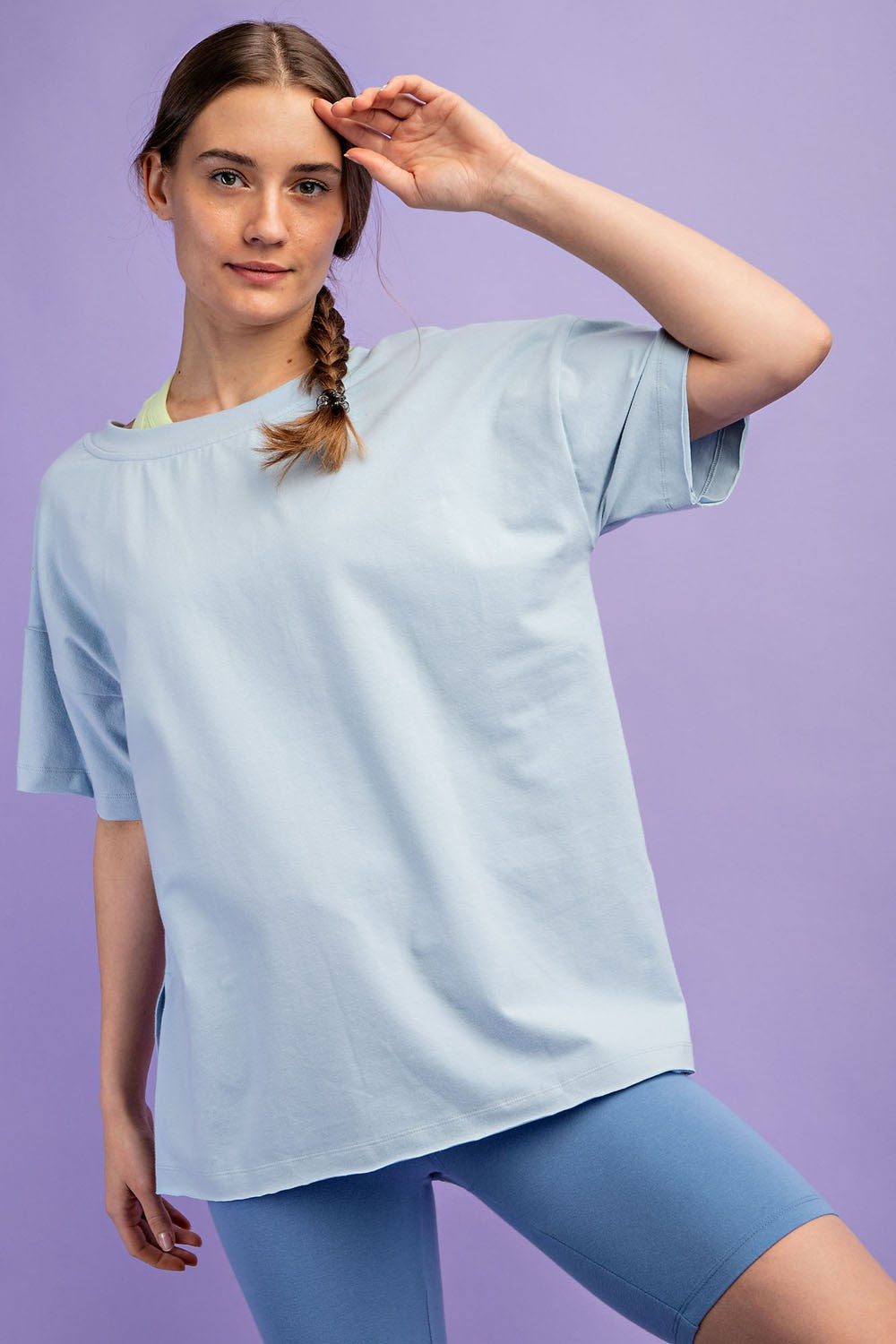 Light Blue Oversized V-Neck Side Slit Tee