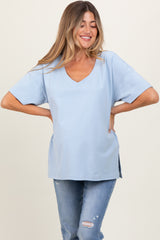 Light Blue Oversized V-Neck Side Slit Maternity Tee