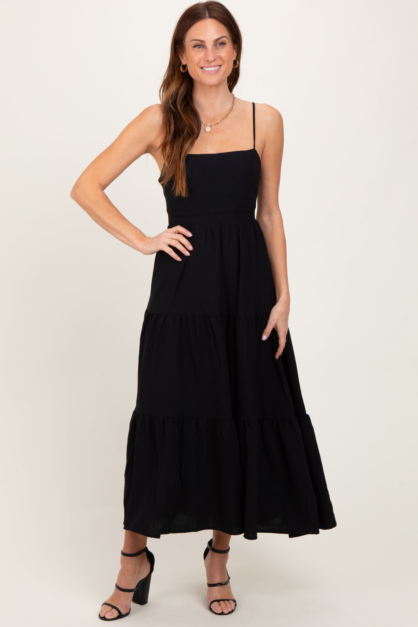 Black Tiered Cutout Tie Back Midi Dress