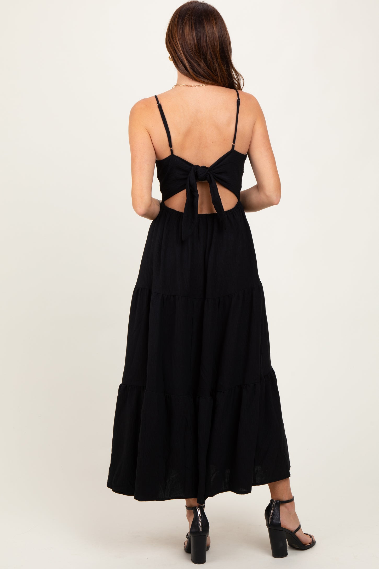 black tie back midi dress Black Tiered Cutout Tie Back Midi Dress