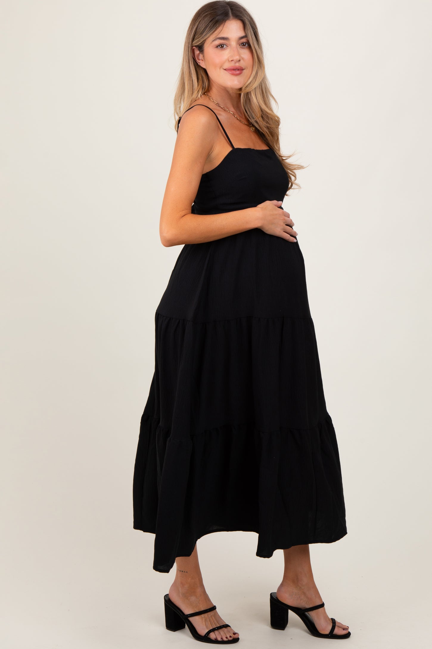 Black Tiered Cutout Tie Back Maternity Midi Dress