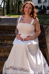 White Smocked Embroidered Floral Border Maternity Maxi Dress