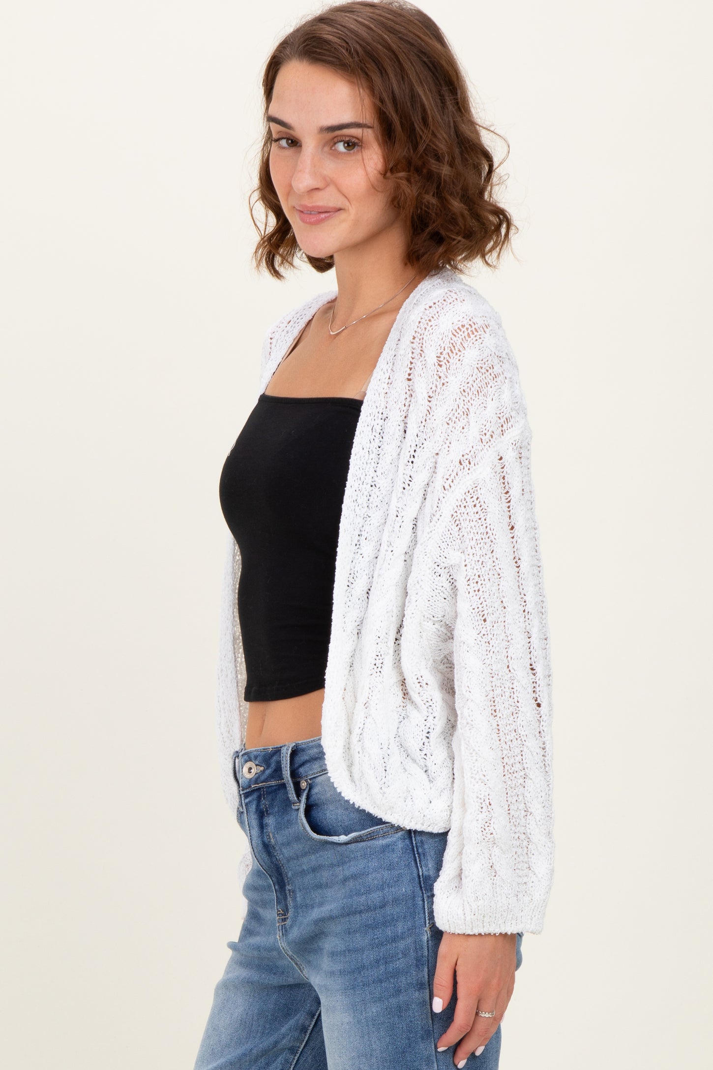 White Cable Knit Open Cardigan