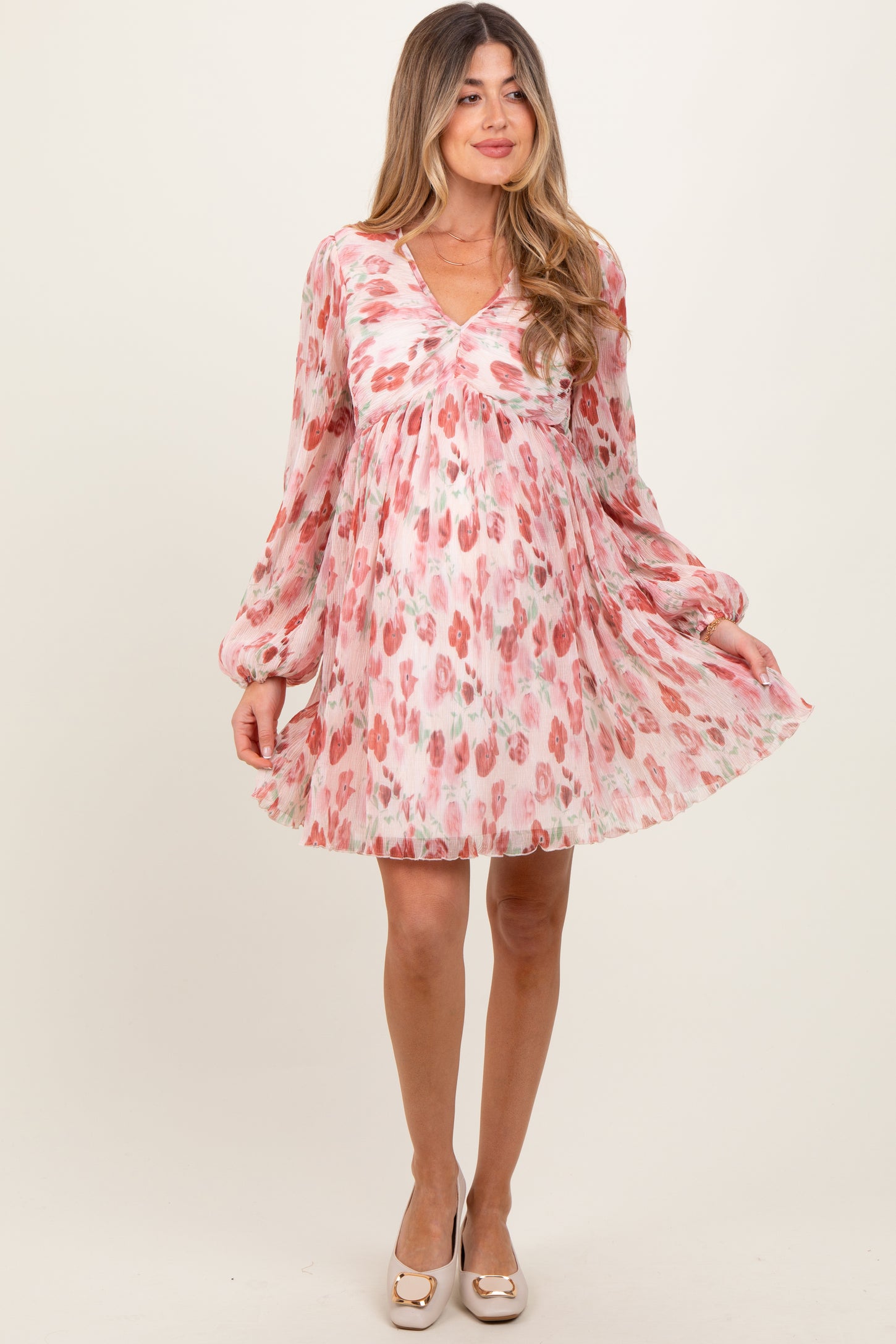 Light Pink Floral Chiffon Plisse Maternity Mini Dress