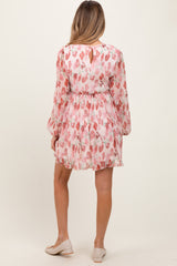 Light Pink Floral Chiffon Plisse Maternity Mini Dress