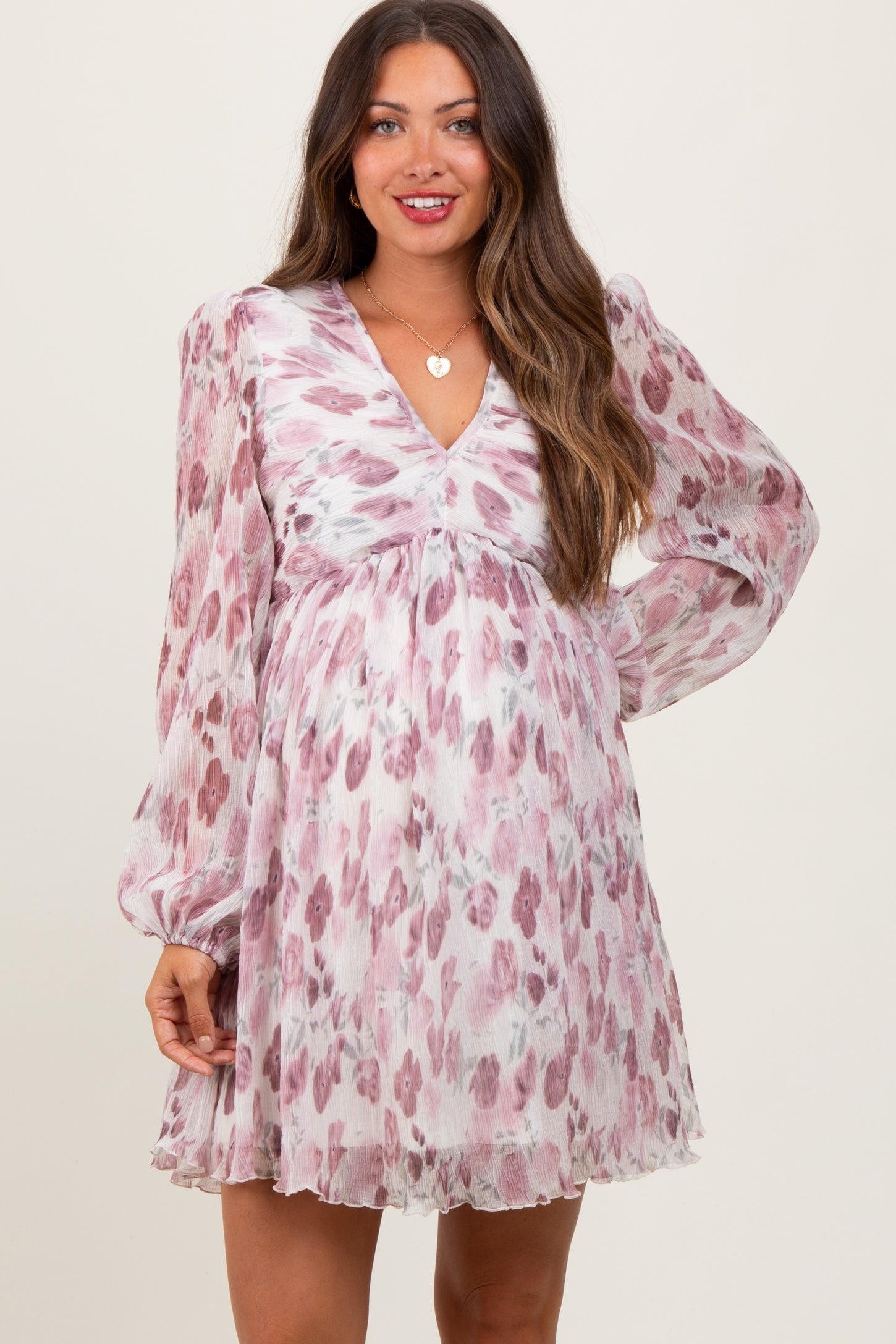 Cream Floral Chiffon Plisse Maternity Mini Dress