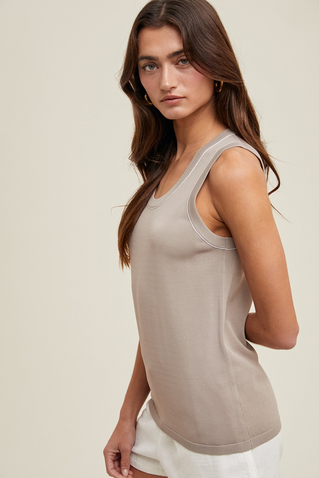 Taupe Knit Piping Detail Sleeveless Top