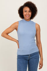 Blue Knit Mock Neck Sleeveless Maternity Top