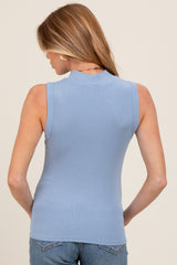 Blue Knit Mock Neck Sleeveless Maternity Top