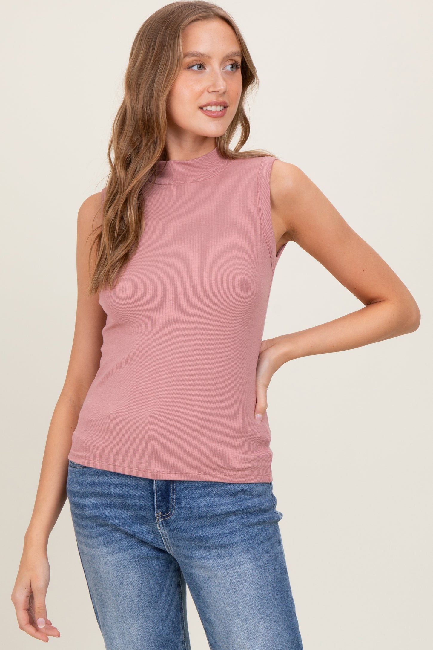 Peach Knit Mock Neck Sleeveless Top