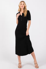 Black Ribbed Knit Button Up Maternity Midi Dress